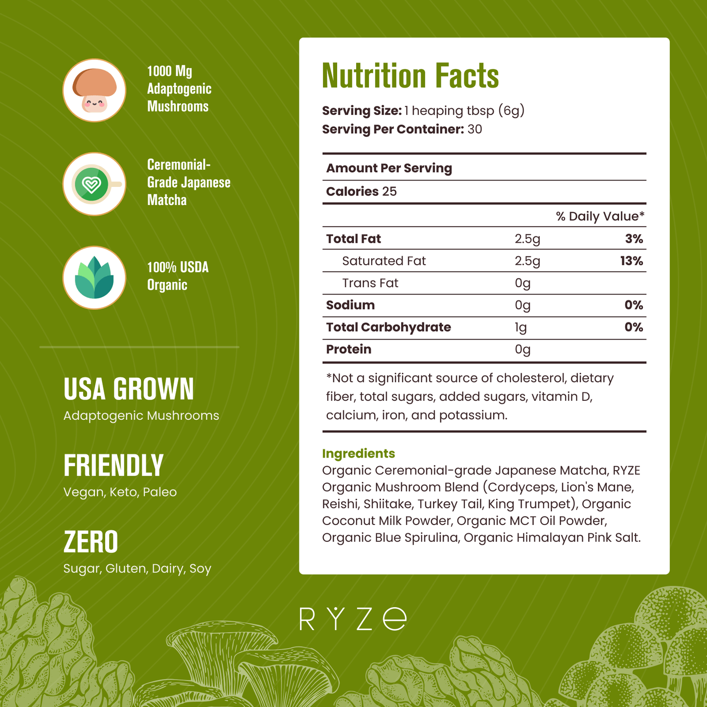 RYZE Mushroom Matcha - with 6 Organic Adaptogenic Mushrooms Grown In USA and Ceremonial-Grade Japanese Matcha - B4E8
