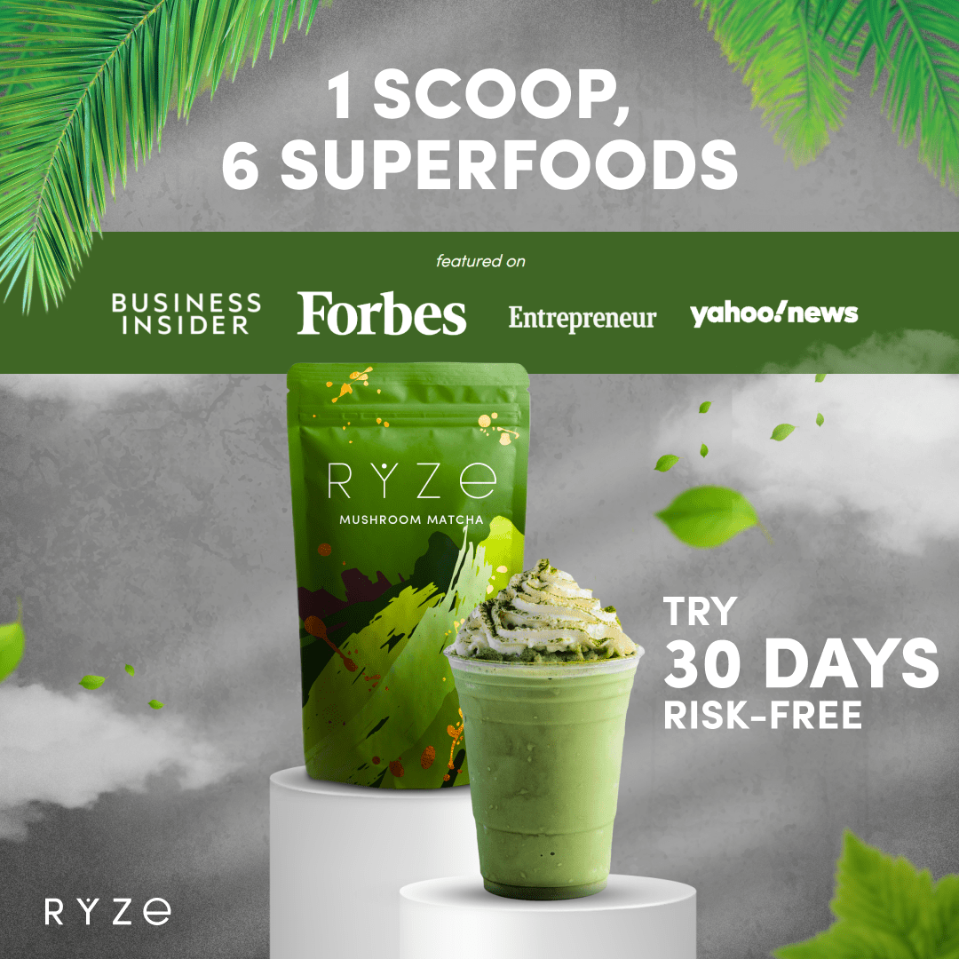 RYZE Mushroom Matcha - with 6 Organic Adaptogenic Mushrooms Grown In USA and Ceremonial-Grade Japanese Matcha - B4E8